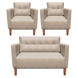 Kit 1 Sofá Namoradeira e 2 Poltronas Livia Corino Bege Pés Chanfrado Castanho - D'Rossi