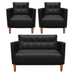 Kit 1 Sofá Namoradeira e 2 Poltronas Livia Corino Preto Pés Chanfrado Castanho - D'Rossi