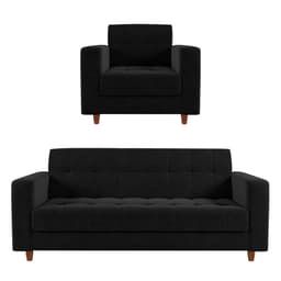 Kit Sofá 03 Lugares e 01 Poltrona Arezzo Linho Preto A79 Pés Chanfrado Castanho - D'Rossi