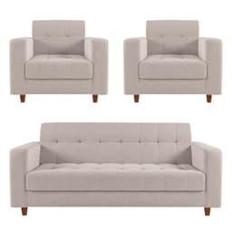 Kit Sofá 03 Lugares e 02 Poltronas Arezzo Linho Grosso Bege A19 Pés Chanfrado Castanho - D'Rossi