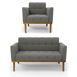 Namoradeira com Poltrona Base de Madeira Castanho Elisa Suede Grafite D03 - D'Rossi