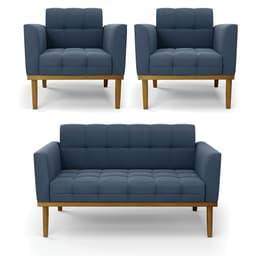 Namoradeira e 2 Poltronas Base de Madeira Castanho Elisa Suede Azul Marinho D03 - D'Rossi