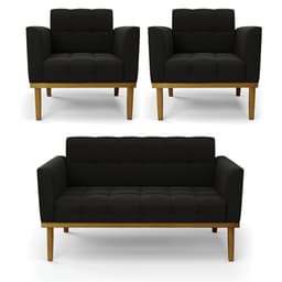 Namoradeira e 2 Poltronas Base de Madeira Castanho Elisa Suede Preto D03 - D'Rossi