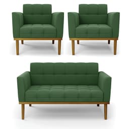 Namoradeira e 2 Poltronas Base de Madeira Castanho Elisa Suede Verde D03 - D'Rossi