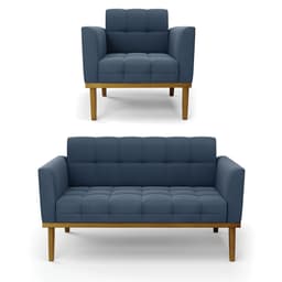 Namoradeira e Poltrona Base de Madeira Castanho Elisa Suede Azul Marinho D03 - D'Rossi