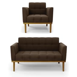 Namoradeira e Poltrona Base de Madeira Castanho Elisa Suede Marrom D03 - D'Rossi