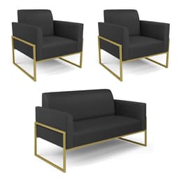 Sofá Namoradeira com 2 Poltronas Base Industrial Alta Dourado Marisa Corino Preto D03 - D'Rossi