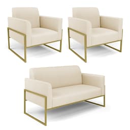Sofá Namoradeira com 2 Poltronas Base Industrial Alta Dourado Marisa Linho Bege A19 D03 - D'Rossi