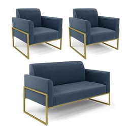 Sofá Namoradeira com 2 Poltronas Base Industrial Alta Dourado Marisa Suede Azul Marinho D03 - D'Rossi
