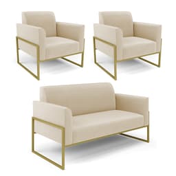 Sofá Namoradeira com 2 Poltronas Base Industrial Alta Dourado Marisa Suede Bege D03 - D'Rossi