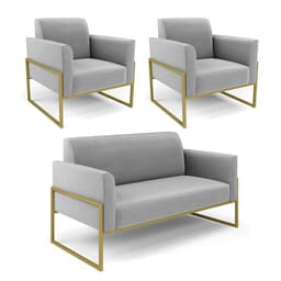 Sofá Namoradeira com 2 Poltronas Base Industrial Alta Dourado Marisa Suede Cinza D03 - D'Rossi