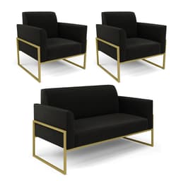 Sofá Namoradeira com 2 Poltronas Base Industrial Alta Dourado Marisa Suede Preto D03 - D'Rossi