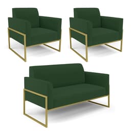 Sofá Namoradeira com 2 Poltronas Base Industrial Alta Dourado Marisa Veludo Verde D03 - D'Rossi