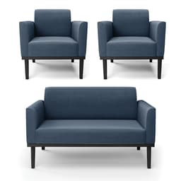 Sofá Namoradeira com 2 Poltronas Base de Madeira Fixa Preto Marisa Suede Azul Marinho  D03 - D'Rossi