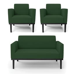 Sofá Namoradeira com 2 Poltronas Base de Madeira Fixa Preto Marisa Veludo Verde D03 - D'Rossi