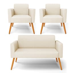 Sofá Namoradeira com 2 Poltronas Pés Palito Castanho Marisa Linho Bege A19 D03 - D'Rossi