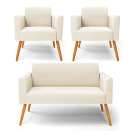 Sofá Namoradeira com 2 Poltronas Pés Palito Castanho Marisa Veludo Bege D03 - D'Rossi