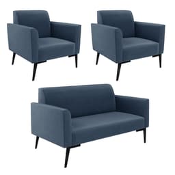 Sofá Namoradeira com 2 Poltronas Pés Villach Marisa Suede Azul Marinho D03 - D'Rossi