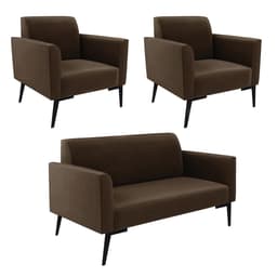 Sofá Namoradeira com 2 Poltronas Pés Villach Marisa Suede Marrom D03 - D'Rossi