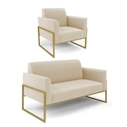 Sofá Namoradeira com Poltrona Base Industrial Alta Dourado Marisa Suede Bege D03 - D'Rossi