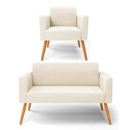 Sofá Namoradeira com Poltrona Pés Palito Castanho Marisa Veludo Bege D03 - D'Rossi