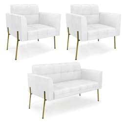 Sofá Namoradeira e 2 Poltronas Pé de Ferro Dourado Elisa Corano Branco D03 - D'Rossi