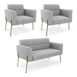 Sofá Namoradeira e 2 Poltronas Pé de Ferro Dourado Elisa Suede Cinza D03 - D'Rossi