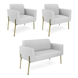 Sofá Namoradeira e 2 Poltronas Pé de Ferro Dourado Marisa Linho Cinza D03 - D'Rossi