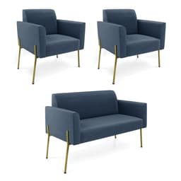 Sofá Namoradeira e 2 Poltronas Pé de Ferro Dourado Marisa Suede Azul Marinho D03 - D'Rossi