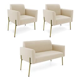 Sofá Namoradeira e 2 Poltronas Pé de Ferro Dourado Marisa Suede Bege D03 - D'Rossi