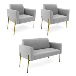 Sofá Namoradeira e 2 Poltronas Pé de Ferro Dourado Marisa Suede Cinza D03 - D'Rossi