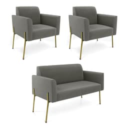 Sofá Namoradeira e 2 Poltronas Pé de Ferro Dourado Marisa Suede Grafite D03 - D'Rossi