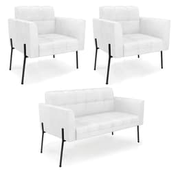 Sofá Namoradeira e 2 Poltronas Pé de Ferro Preto Elisa Corano Branco D03 - D'Rossi