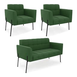 Sofá Namoradeira e 2 Poltronas Pé de Ferro Preto Elisa Suede Verde D03 - D'Rossi