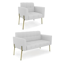 Sofá Namoradeira e Poltrona Base Pé de Ferro Dourado Elisa Linho Cinza A05 D03 - D'Rossi