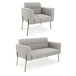 Sofá Namoradeira e Poltrona Base Pé de Ferro Dourado Elisa Veludo Cinza D03 - D'Rossi