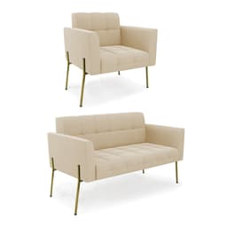 Sofá Namoradeira e Poltrona Pé de Ferro Dourado Elisa Suede Bege D03 - D'Rossi