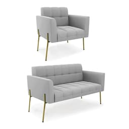 Sofá Namoradeira e Poltrona Pé de Ferro Dourado Elisa Suede Cinza D03 - D'Rossi