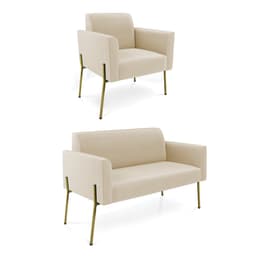 Sofá Namoradeira e Poltrona Pé de Ferro Dourado Marisa Suede Bege D03 - D'Rossi