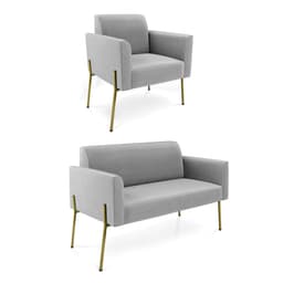 Sofá Namoradeira e Poltrona Pé de Ferro Dourado Marisa Suede Cinza D03 - D'Rossi