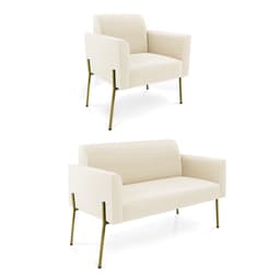 Sofá Namoradeira e Poltrona Pé de Ferro Dourado Salão Marisa Veludo Bege D03 - D'Rossi