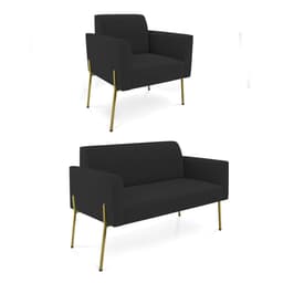 Sofá Namoradeira e Poltrona Pé de Ferro Dourado Salão Marisa Veludo Preto D03 - D'Rossi