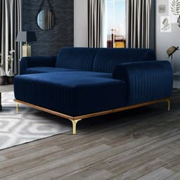 Sofá 350cm 6 Lugares com Chaise Direito Pés Gold Molino B-304 Veludo Azul Marinho - Domi