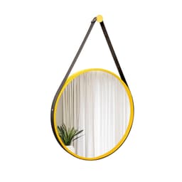 Espelho Decorativo Adnet Amarelo Alça Courino Preta 50 Cm Redondo Amarelo/Preto, 50 cm