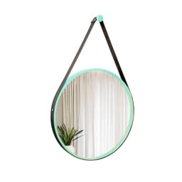 Espelho Decorativo Adnet Verde Alça Courino Preta 60 Cm Redondo Verde/Preto, 60 cm