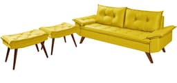 Sofa Retro Bariloche 3 Lugares Tecido Suede Com Duas Banquetas Rubi Pes em Madeira