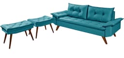 Sofa Retro Bariloche 3 Lugares Tecido Suede Com Duas Banquetas Rubi Pes em Madeira