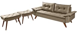 Sofa Retro Bariloche 3 Lugares Tecido Suede Com Duas Banquetas Rubi Pes em Madeira
