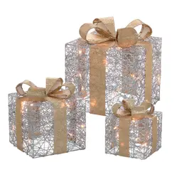 Jogo com 3 Caixas com Luz Natalina Prata e Dourado