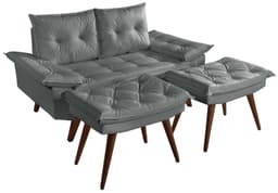 Sofá Namoradeira Bariloche 2 Lugares + 2 banquetas Rubi Courino Cinza Couro Sintetico Essencial Estofados